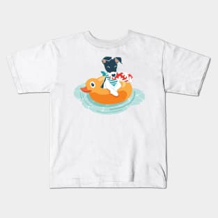 Summer pool pawty // aqua background greyhound dog breed in vacation playing on swimming pool Kids T-Shirt